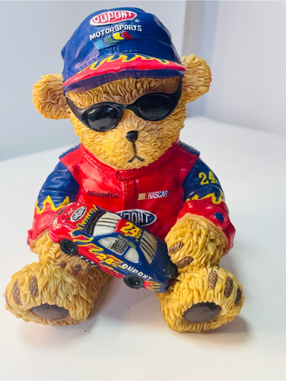 Nascar Teddy Bear Figurine Bank in Red and Blue # 4 Jeff Gordon